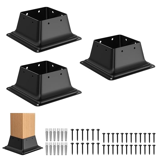 4x4 Post Base 3Pcs,Heavy Duty 4x4 Post Bracket Fit 3.5"x3.5" Standard Lumber, Steel Deck Post Base for Deck Porch Handrail Railing Support with Screws