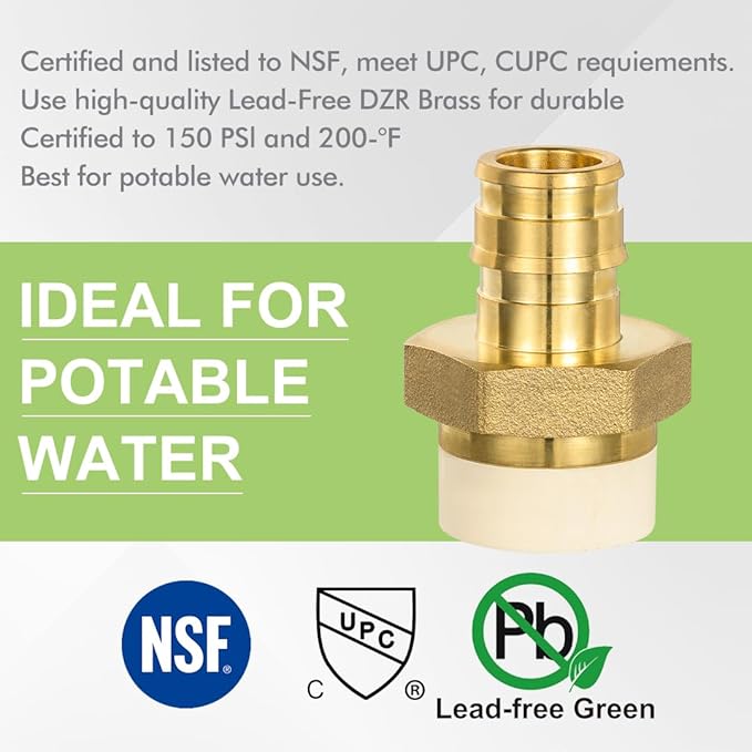 12 Pack 1/2" Pex-A x 1/2" CPVC Transition Adapter Heavy Duty Brass Barb PEX Fittings for for PEX-A and cPVC Pipe Connection,Lead-Free Brass NSF/ANSI 61 NSF 372 Certificate, ASTM F1960