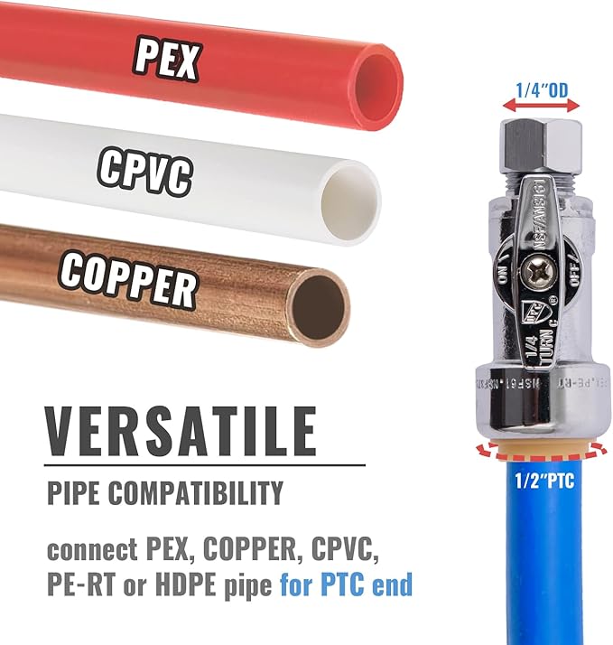 Straight Stop Valve, 6-Pack SUNGATOR Straight Water Shut Off Valve 1/2 x 1/4 Inch Compression, Toilet Water Shutoff, 1/4 Turn, No Lead Brass Push to Connect Plumbing Fitting, PEX Pipe, Copper, CPVC