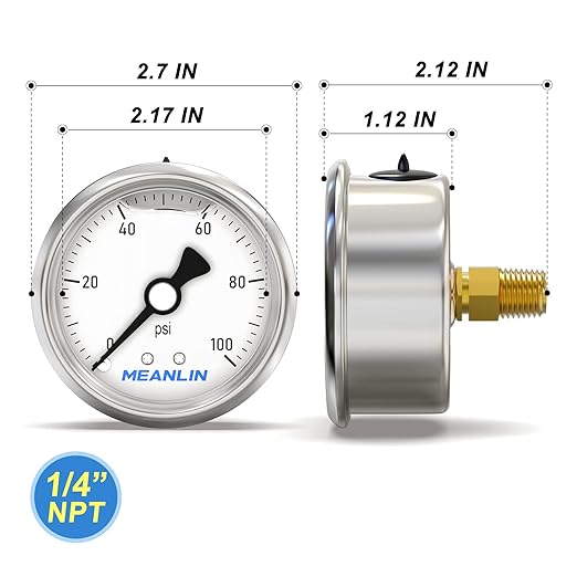 MEANLIN MEASURE 0~100Psi Stainless Steel 1/4" NPT 2.5" Single Scale FACE DIAL,Glycerin Filled Pressure Gauge, WOG Water Oil Air Back Mount, with 1/4" x 1/2" NPT and 1/4" x 3/8" NPT Hex Bushing