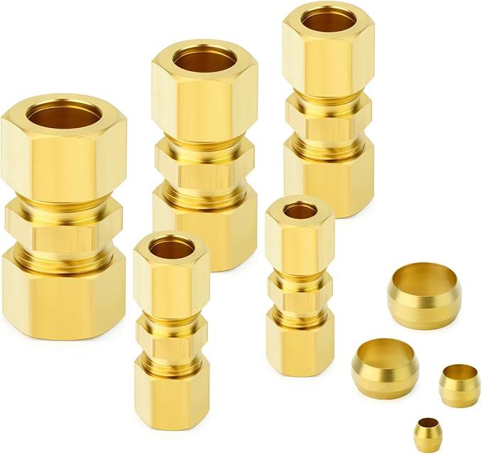 GASHER 67pcs Brass Compression Tube Pipe Fittings Assortment Kit, 1/8"1/4"3/8"1/2"5/8" Tube OD Compression Tube Pipe Fitting Connector&Sleeve Ferrules