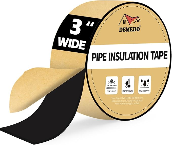 DEMEDO Pipe Insulation Tape, Pipe Wrap Insulation Foam Tape Self Adhesive, Outdoor Water Pipe Insulation Roll for HVAC, AC Line Insulation, 3 inch x 16.5 FT Heat Tape for Water Pipe, Black