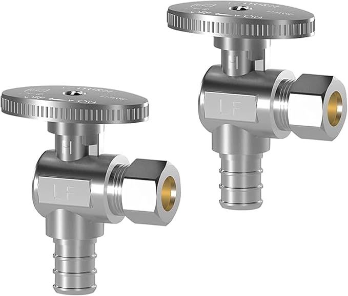 Hourleey 2 Pack Angle Stop Valve, Water Shut Off Valve 1/2" PEX x 3/8" OD Compression, Quarter Turn Chrome Plated Brass Valve