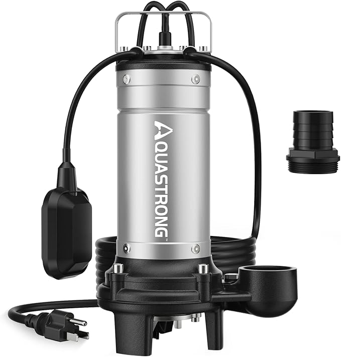 Aquastrong 1HP Sewage Grinder Pump, Stainless Steel, 115V 3962GPH Automatic Float Switch, Submersible Effluent/Sump Pump for Sump Basin, Basement Residential Sewage, 2'' NPT Discharge