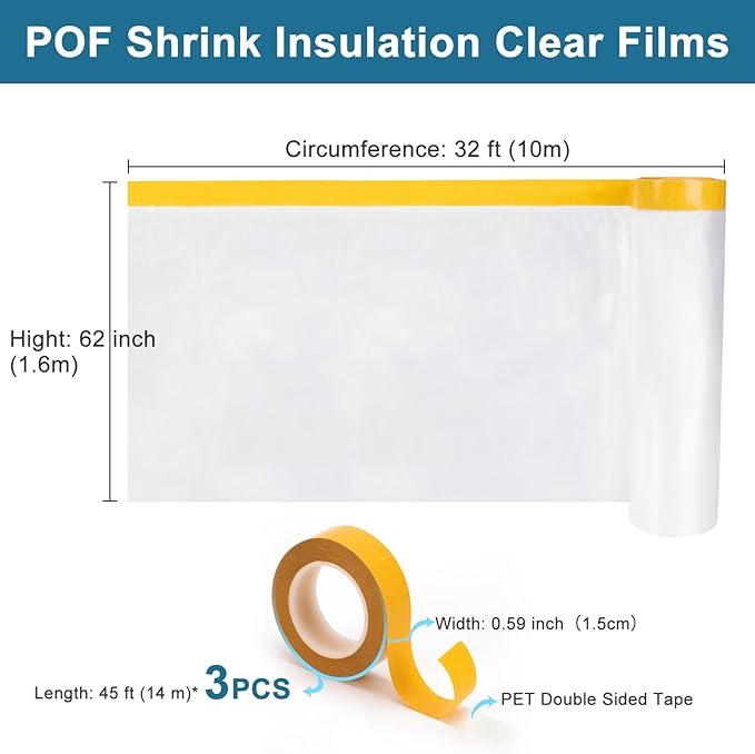 Window Insulation Kit, Plastic Window Covering 62 Inch Wide × 393 Inch Length with Double-Sided Tape, Insulator Seal Kit for 10 - 3'x5' Windows Winterizing for Winter, 1 Roll Clear