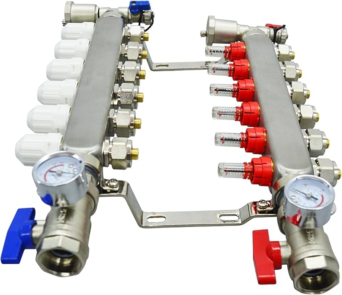 6 Branch PEX Radiant Floor Heating Manifold Set Floor Heating Water Distributor 1/2" Pipe Adapter 306 Stainless Steel and Brass, for Heating Systems