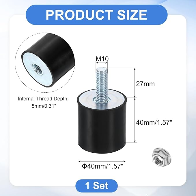 uxcell M10 Rubber Mounts, 1Pcs 40x40mm(DxH) Rubber Cylindrical Anti Vibration Isolator Shock Absorber with Lock Nut for Car Bobbin Generator Air Compressors