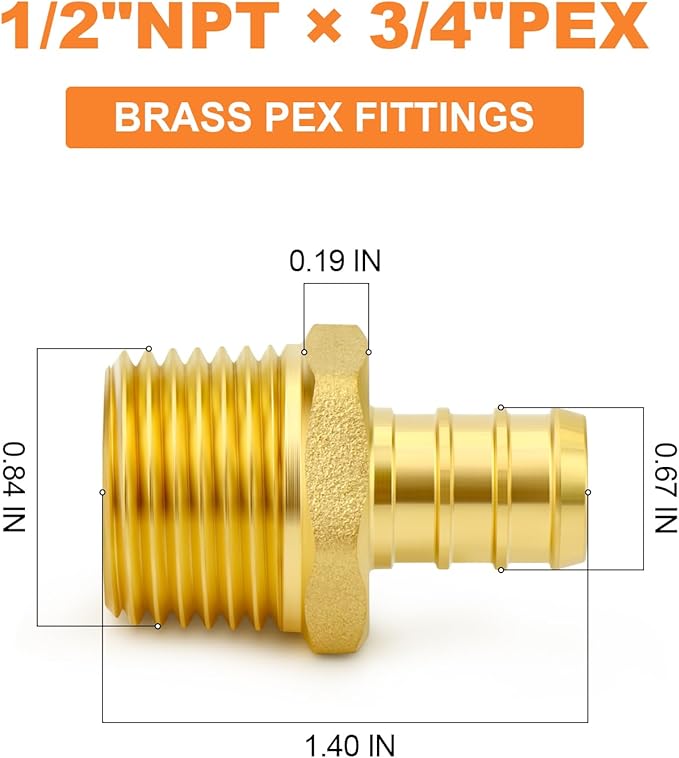 GASHER 2Pcs No Lead Brass 3/4" Pex Male Adapter, 1/2" Male NPT to 3/4" PEX Adapter for Pex Tubing