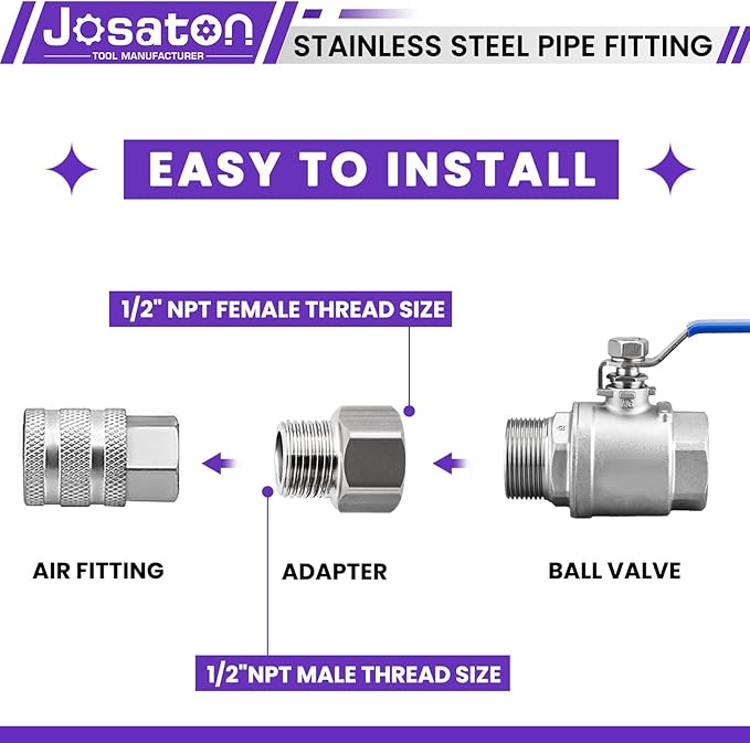 1/2" Male to 1/2" Female Pipe Extension Fitting, Josaton Stainless Steel Pipe Connector Fitting Hex Bushing Adapter for Tub Spout/Shower with Black Gaskets & Sealing Tape, 30MM/ 40MM/ 50MM Length