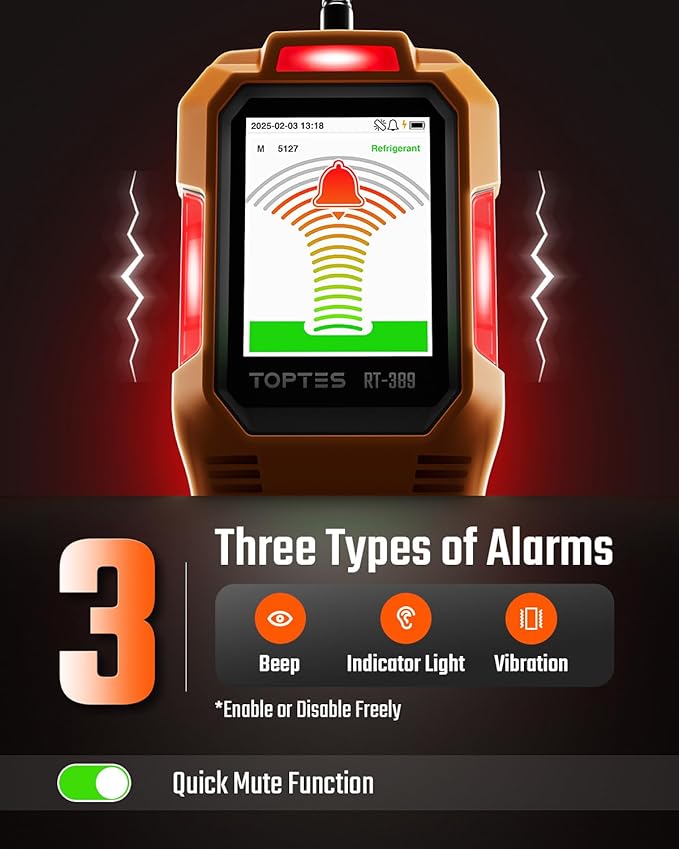 TOPTES RT-389 Rechargeable Refrigerant Leak Detector, HVAC Freon Leak Detector with 3 Sensitivity Modes & 3 Alarm Types, Air Conditioning Detection for CFCs, HCFCs, HFCs, HFOs, HCs - Orange