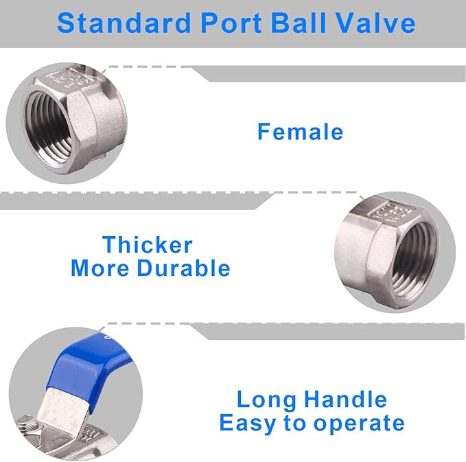 DERNORD Stainless Steel Ball Valve 1PC Type 0.5 Inch NPT Standard Port for Water, Oil, and Gas (1/2 Inch Ball Valve)