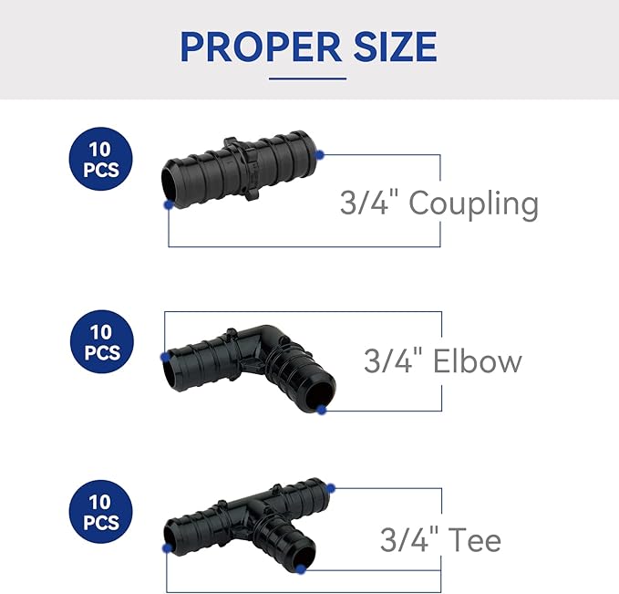 3/4" PEX Poly PPSU Barb Crimp Fittings Combo with Elbow (10 PCS) + Tee (10 PCS) + Coupling (10 PCS),3/4 inch PEX Poly Fitting for PEX Pipe Plumbing Project(30Pack, ASTM F2159)