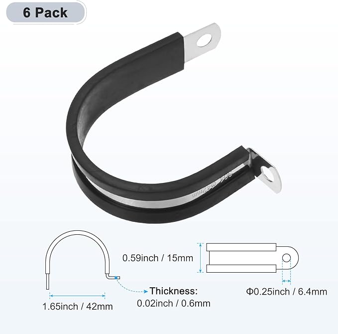 6-Pack Cable Clamps, 1-5/8 Inch/ 42 mm 304 Stainless Steel Rubber Cushioned Insulated Cable Clamp R Shape Metal Holder for Tube/Wire/Pipe/Loop Installation