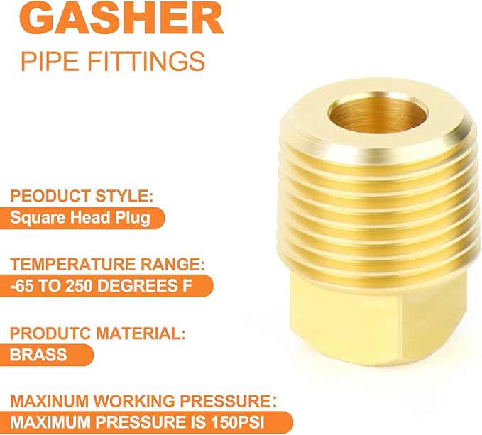 GASHER 5PCS Brass Fitting 3/8" NPT Male Brass Plug Pipe Fitting, Square Head Plug
