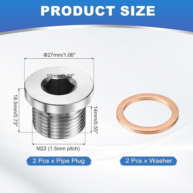 PATIKIL 2 Pcs M22 x 1.5 Metric Pipe Plug Fitting, 304 Stainless Steel Internal Hex Head Socket Pipe Cap Adapter Connector with Copper Washer for Sealing Oil Gas Water