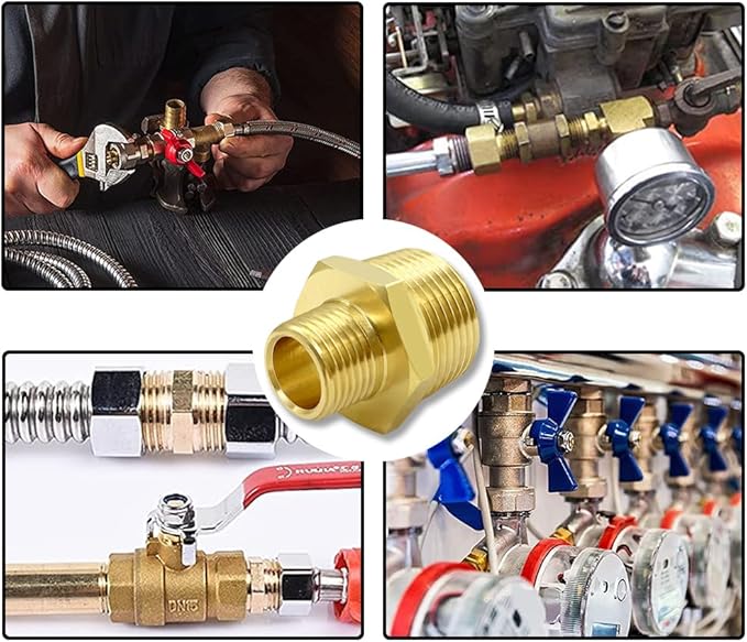 Hooshing 2PCS Brass Reducing Hex Nipple 3/8" NPT Male x 3/4" NPT Male Thread Brass Pipe Fitting Adapter,OD 5/8" to OD 1"