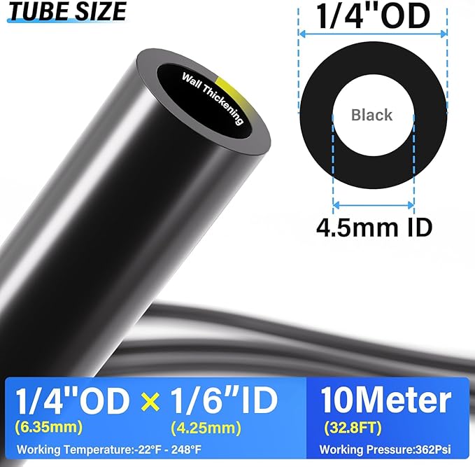 TAILONZ PNEUMATIC Black DOT 1/4''OD 10 Meter 32.8ft Nylon Air Tubing Kit Pipe Hose Air Line Tubing Air Hose Fittings Push to Connect Fittings(41PCS)