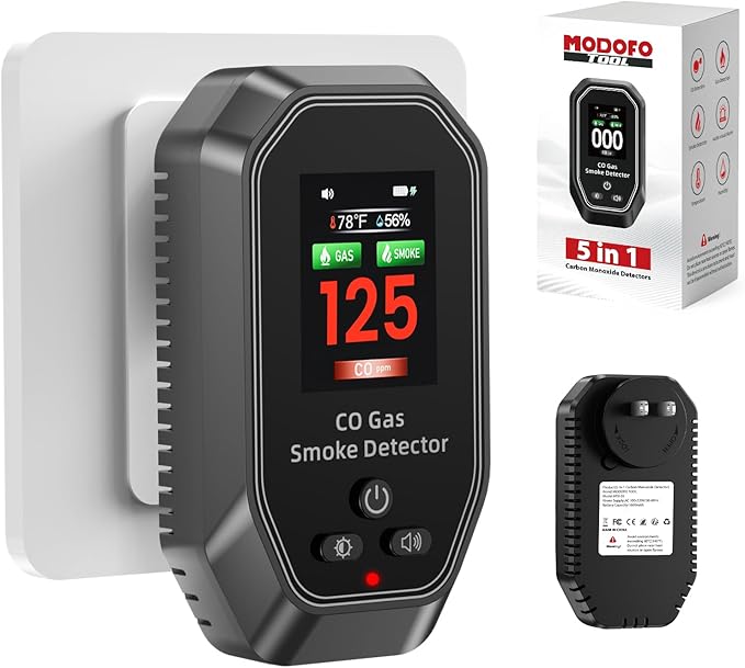 6-in-1 Portable Carbon Monoxide Detectors Plug in, MODOFO TOOL Smoke and Carbon Monoxide Detector with Built-in Battery, Natural Gas Leak Detector, HD Display for CO Gas Smoke Temp Humidity Black 2Pcs