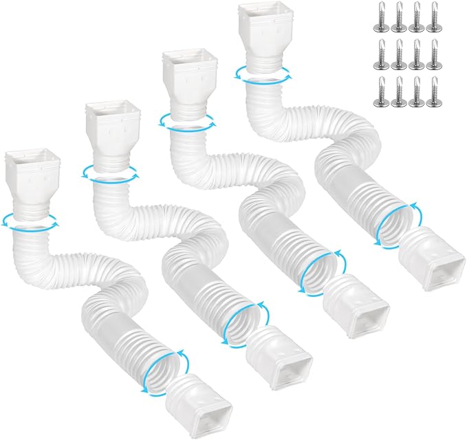 4 Pack Flexible Gutter Downspout Extensions Extendable from 21" to 67", Downspout Extender Comes with Adapters, Thickened Down spout Drain Extension for Rainwater Drainage(White)