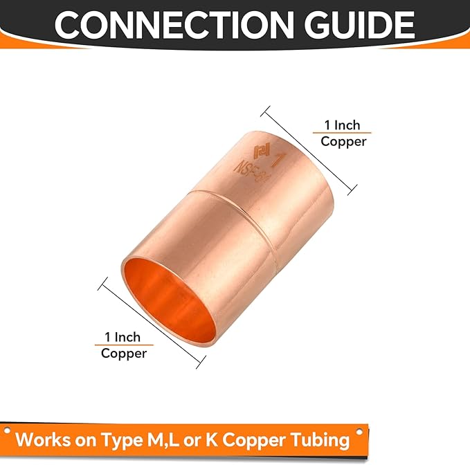 HeSun 100-Pack Copper Fittings, 1-Inch Copper Coupling with Rolled Stop, C x C with Sweat Solder Connection