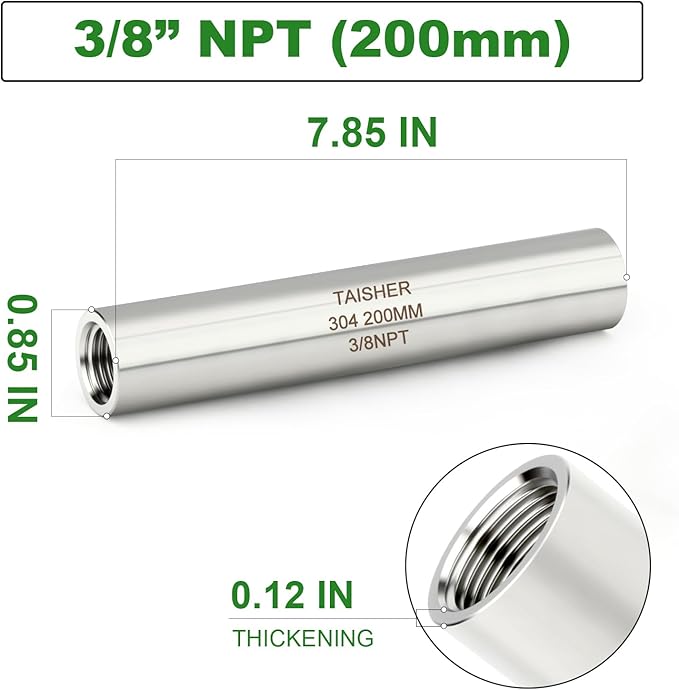 TAISHER 2PCS Stainless Steel Pipe Fittings, 3/8" NPT Female x 3/8" NPT Female Threaded, 8" Length Thickened Nipple Cast Pipe