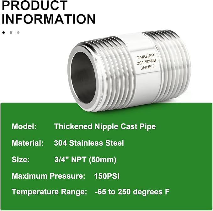 TAISHER 2PCS Stainless Steel Pipe Fittings, 3/4" NPT Male x 3/4" NPT Male Threaded, 2" Length Thickened Nipple Cast Pipe