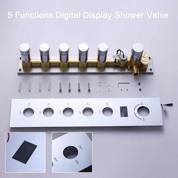 Shower Valve Concealed Shower Mixing Faucet with Temperature Display Function, Flow Control Brass Diverter Valve Kit, 5 Function Can Be Activated Simultaneously, Chrome