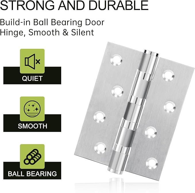 3Pcs Stainless Steel Door Hinges 4 Inch, Heavy Duty Ball Bearing Hinges for Interior Exterior Doors, Square Corner, Max Loading 150LB, Smooth and Quiet, Silver