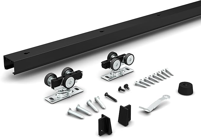 JUBEST 5FT Pocket Door Kit, Commercial Grade Sliding Pocket Door Hardware Kit, Aluminum Box Pocket Door Track 56.75", Sliding Door Kit for 24"~30" Wide Door, Black Pocket Door Hardware,Easy to Install