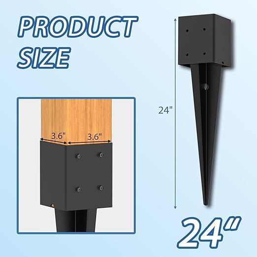 2 Pack 4x4 Fence Post Anchor Ground Spike – Heavy Duty 24" Metal Post Base (Fit 3.6"x3.6") Black Powder-Coated for Mailbox, Deck, Fence, Railing