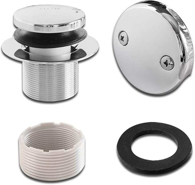 1-1/2"" White Tubular Bath Drain Kit with Tip-Toe Bath Drain Stopper, Touch-Toe Tub Drain, Tip Toe Bathtub Drain Waste and Overflow With Plug and Bathtub Overflow Drain Cover (Plated Chrome)