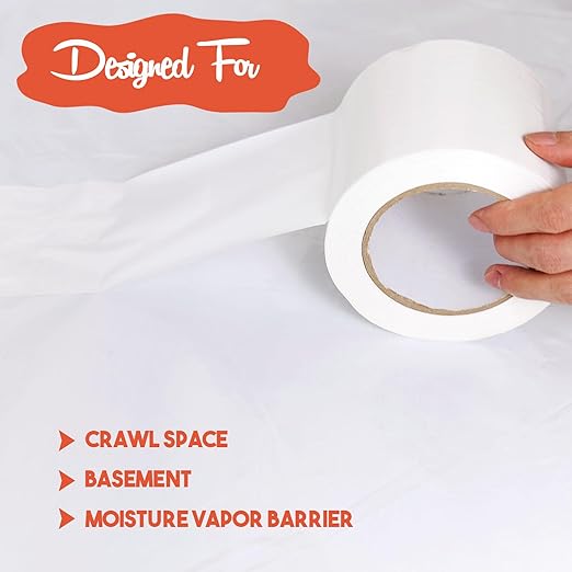 White Vapor Barrier Tape, 3 Inch x 180 Feet Moisture Barrier Seal Tape for Crawlspaces, Insulation Repairs, Underlayment Seams