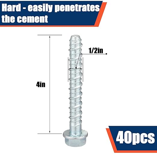 Tandefio 40 Pack 1/2 x 4 Concrete Screw Anchors Galvanized Large Diameter Heavy Duty Plated Concrete Anchors for Masonry Brick Anchoring Block Decking Framing Hex Drive