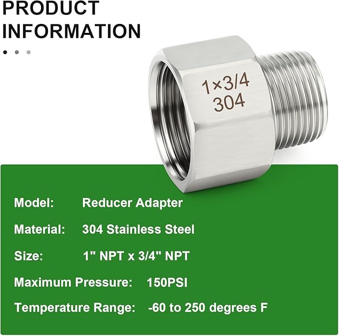 TAISHER 5PCS 304 Stainless Steel Pipe Fitting, New Reducer Adapter, 3/4" NPT Male x 1" NPT Female, Reducing Pipe Adapter Fitting