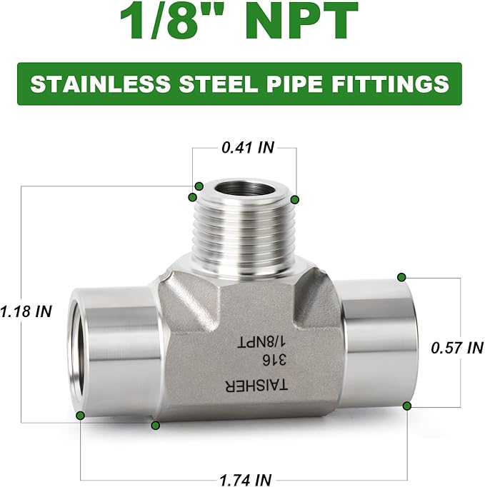 TAISHER 1PCS Forging of 316L Stainless Steel Tee Pipe Fittings, 1/8" NPT Female x 1/8" NPT Male x 1/8" NPT Female Pipe Fittings, Male Branch Tee