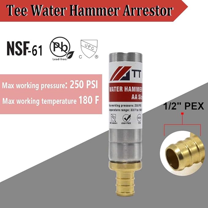 Stainless Steel Water Hammer Arrestor 1/2" Pex Stop Hammering Reduce Banging Pex Crimp Connection