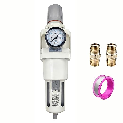 XingNEeng 1" NPT Compressed Air Filter Regulator Lubricator Combo, Water/Oil Trap Separator, Gauge(0-150 psi), Semi-Auto Drain, Poly Bowl, 5 Micron Brass Element, Metal Bracket, for Pneumatic Systems