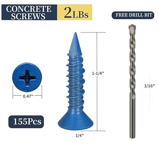 155Pcs 1/4 x 1-1/4 in Concrete Screws with Drill bits,Masonry Screws for Concrete Assortment Kit,Flat Head Block Cement Stacoo Screws and Anchors,Diamond Point,Blue Coated(2LB)