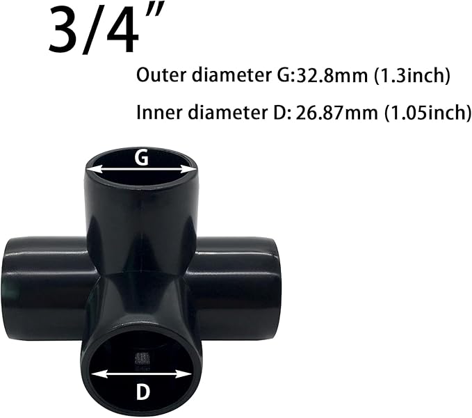 3/4" Tee PVC Fitting 4 Way Elbow Connector, Furniture Grade 90 Degree Elbow Side Outlet. Corner Fittings for Building Furniture Greenhouse Shed Pipe Fittings Tent Connection (Black-Pack of 8)