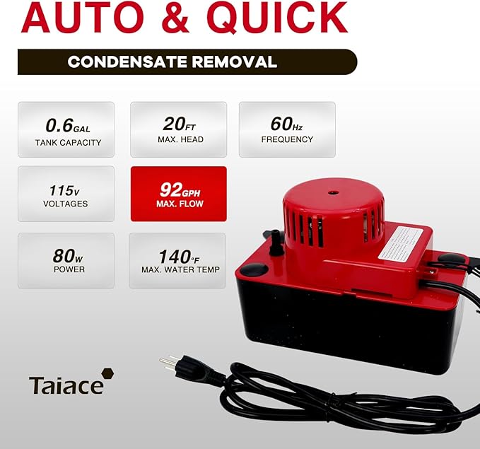 Professional Condensate Pump 115V/120V, 92GPH Flow & 20ft Lift, Auto Safety Switch for HVAC/AC/Dehumidifier/Furnace, Quiet with 20ft Tubing & 2 x Hose Clamp