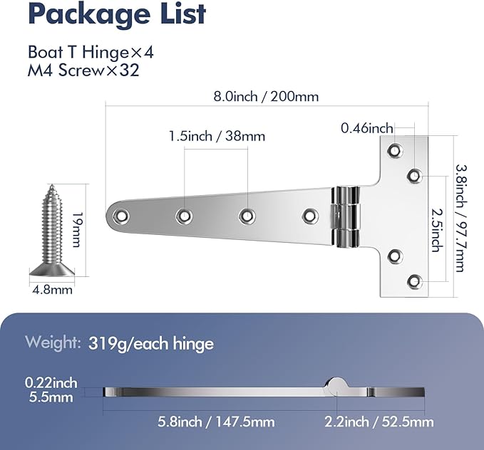 Boat T Type Hinge, Marine Grade Stainless Steel 316 Heavy Duty Strap Butt Hinge Durable Marine Applications for Hatch, Cabinet, Gate, and Door
