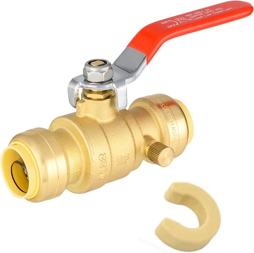 EFIELD 3/4 Inch Push-Fit Full Port Ball Valve with Drain, Disconnect Clip Tool, UPC Certified,(PF-VALVE069-1PCS)