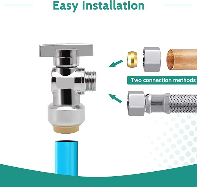 Angle Stop Valve 5 Pack,1/2" Ptc X 3/8" Compression Water Shut Off Valve,1/2 Inch Pushfit X 3/8 Inch OD Compression Angle Shut Off Valve with Disconnect Clip,Pex, Copper,Cpvc,PE-RT,Brass