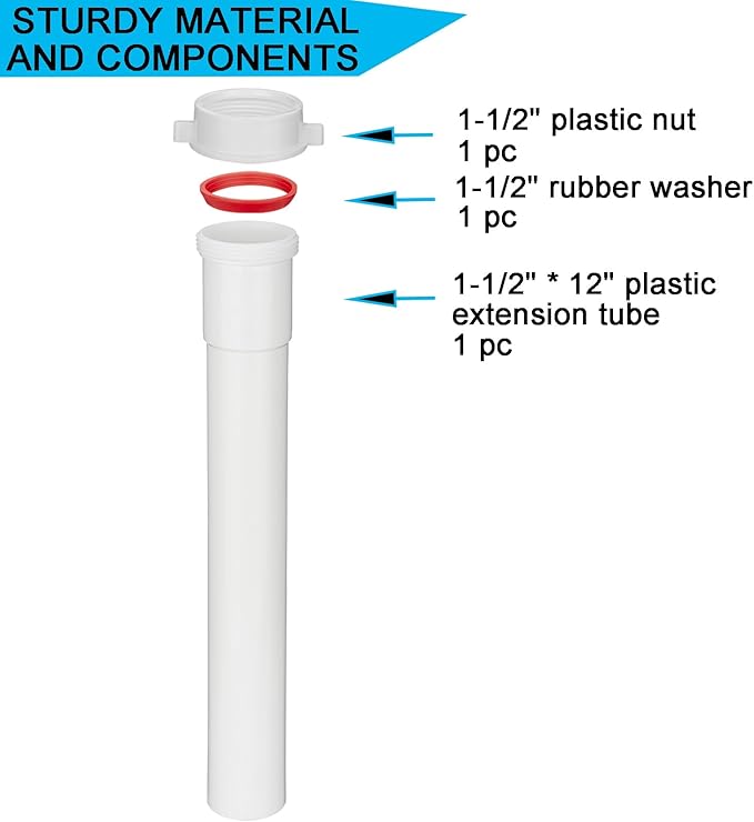 (1 Pack) Yariwiz White Sink Drain Extension Thread Pipe1 1/2 Inch x 12 inch Length for Kitchen Sink Drain Pipe Tubular KSD-005W