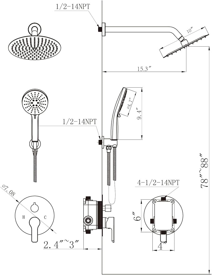 Shower Faucet Set 10IN Brass Rough-In Valve Body Trim Kit Rainfall Included Handle Accessories Complete 2 Functions with Rain Head and Handheld Bathroom Systems (10'', Matte Black)