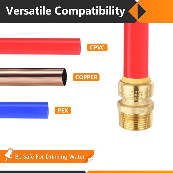 10-Pack HeSun Pushfit Male Adapter, 1" MNPT x 3/4" Push to Connect Plumbing Fittings with Disconnect Clip, Brass Push-fit Fittings for PEX, Copper, CPVC, PE-RT Pipes(PF148-10)