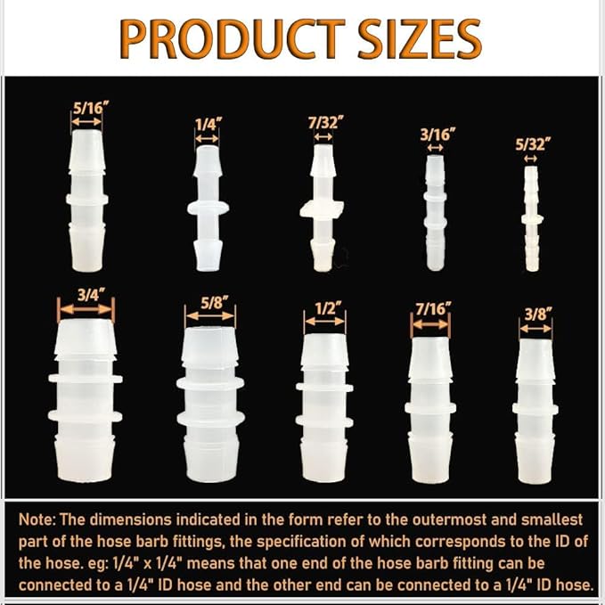 30Pcs Plastic Hose Barb Fittings Assortment, 10 Sizes of Equal Barbed Hose Pipe Fitting Connector Adapter Union Splicer Joint for Air Gas Water Liquid Fuel Line Catheter Tube Pump Adapters
