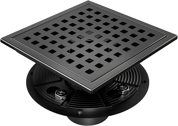 morefine Square Shower Drain with Flange, Shower Drain 6 inch with Removable Grate Cover, SUS 304 Stainless Steel, Matte Black