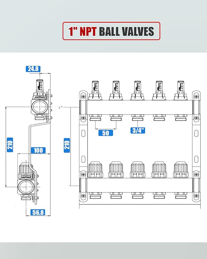 5-Branch Radiant Floor Heating Pex Manifold Hydronic Radiant For 1/2" PEX Tubing,5 Loops Radiant Heat Pex Manifold Set