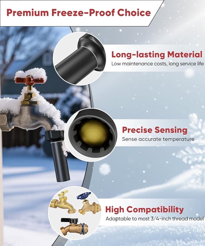 Outdoor Faucet Winter Freeze Protection Valve, Activates at Water Temperature Below 35.6°F/ 2°C, 3/4-Inch Thread Frost Proof Faucet Cover for for Garden, Lawn & Yard Spigot, Black, 2 Pack